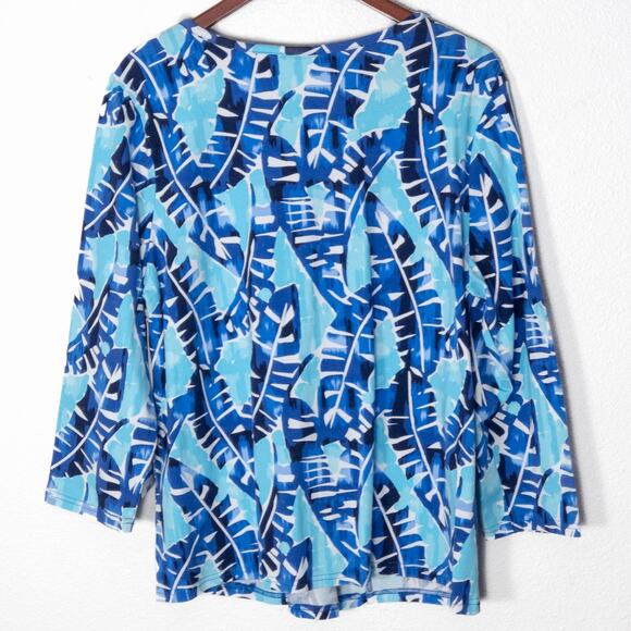 Caribbean Joe Top Colorful Bold Printed Blue Leafy XL Easy Breezy - Picture 2 of 8